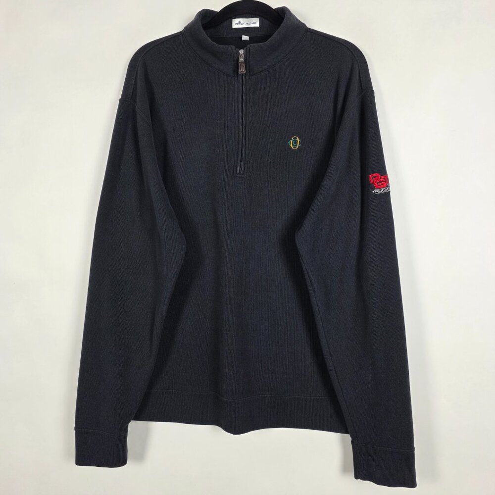 Peter Millar Black Quarter-Zip Sweater with Red Sleeve Accent
